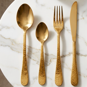 Gold Stainless Steel Flatware <b>Set</b> Hammered Handle Mirror Polished Cutlery <b>Dinnerware</b> <b>for</b> Wedding Restaurant Tabletop Rental - Product Image 2