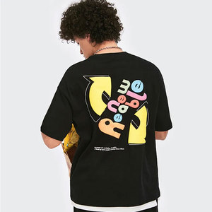 T-shirt noir surdimensionné pour homme avec imprimé logo recyclé coloré au dos, style streetwear, manches courtes, jersey de coton, col rond - Product Image 4