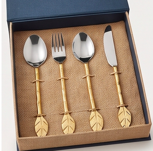 Ensemble de couverts modernes en acier inoxydable avec poignées en feuille d'or, compatibles lave-vaisselle, idéal pour les mariages et la présentation de la table - Product Image 6