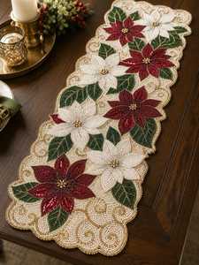 Handmade Beaded Christmas <b>Table</b> <b>Runner</b> with Poinsettia Embroidery White Red Polyester/Cotton Stripe Style Festive Dini - Product Image 3