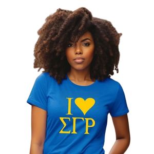 Camiseta Personalizada I Love Sigma Gamma Rho Azul para Mujer, SGRho, Diseño Gráfico de Hermandad Griega, Manga Corta, Cuello Redondo, Informal, de Algodón - Product Image 4