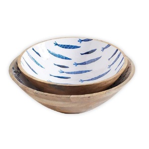 Handmade Bowl Restaurant Custom Logo Best Quality Mango Wood <b>Sticker</b> Enamel printed Wooden Bowls For <b>Kitchen</b> Dining Table - Product Image 5