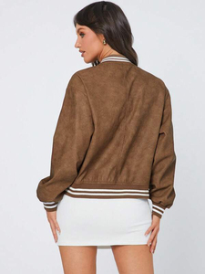 Women's <b>Cropped</b> Letterman Varsity <b>Jacket</b> Cotton Blend Bomber Coat Casual Streetwear Wholesale Manufacturer - Product Image 2