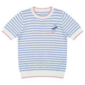 เสื้อสเวตเตอร์ถักแขนสั้นลายทางสีน้ำเงินและสีขาวสำหรับผู้หญิง เนื้อผ้านุ่ม สวมใส่สบาย แฟชั่นลำลอง เหมาะสำหรับใส่ในชีวิตประจำวัน - Product Image 1