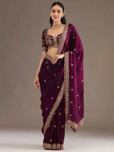 Sari en Georgette Bourgogne Brodé avec Bordure en Paillettes, Jari et Dori – Robe Traditionnelle Indienne pour Mariage et Fêtes - Product Image 1