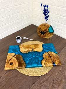 Trending Elegant Handcrafted Modern Round Resin Cutting Board with Wood <b>Knife</b> Handle Dishwasher <b>Safe</b> for Kitchen Serving Platter - Product Image 4