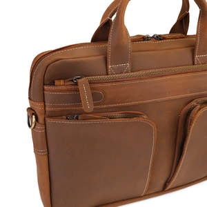 Brown Leather Laptop Bag with Dual Compartments Front Zipper Pockets and Adjustable Shoulder Strap Low MOQ - Product Image 4