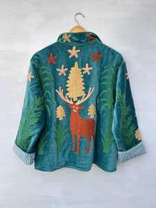 Veste courte bohème faite main en velours bleu sarcelle avec broderie animale et florale tropicale, artisanat indien, cadeau pour elle - Product Image 2