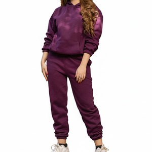 <b>Women's</b> <b>Purple</b> 2-Piece Fleece Jogger <b>Tracksuit</b> Set Hooded Casual Sporty Style Winter Solid Color Regular Fit Knitted 100% Cotton - Product Image 1