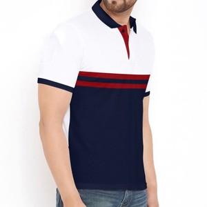 Polo à manches courtes pour homme, design décontracté à rayures colorées, tricoté, bleu marine, rouge, blanc, col écologique - Product Image 3