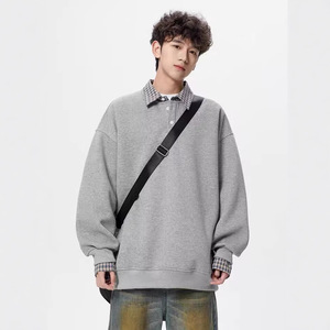 Men's Oversized <b>Navy</b> Blue Pullover Sweatshirt With Plaid Collar And Cuffs Casual <b>Knitted</b> Long Sleeve Winter Wear Sweatshirt - Product Image 2