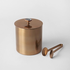 Luxury Brass Finish Metal Ice <b>Bucket</b> <b>with</b> Agate Stone <b>Lid</b> Knob Double Walled Stainless Steel Bar Canister for Hotels & Home Bar - Product Image 1