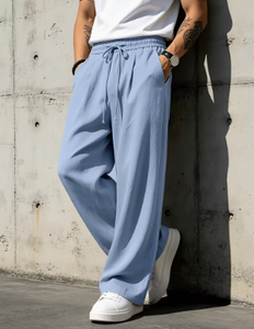 Men's Light Blue Wide Leg Pants <b>Elastic</b> <b>Waist</b> Drawstring Casual Loose Summer Breathable Lightweight <b>Trousers</b> - Product Image 3