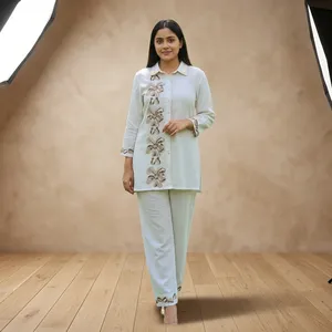 Women's <b>White</b> Embroidered Cotton Linen Co Ord <b>Set</b> Shirt Collar Three Quarter Sleeve Straight Pants Regular Fit Elegant Outfit - Product Image 1