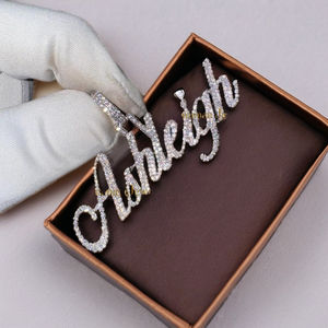 925 Solid Silver Gold Plated Custom Cursive Dainty <b>Name</b> <b>Necklace</b> <b>Personalized</b> Iced Moissanite Big Pendant Fine Pendants Charms - Product Image 2