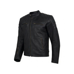 Blouson de moto en cuir véritable pour homme, col montant, fermeture éclair, coupe classique, couleur unie, style motard automne - Product Image 6
