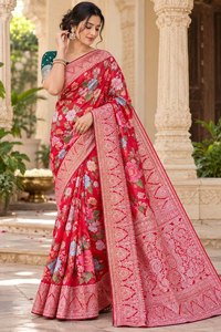 ผ้าซารีผู้หญิง Reglance รุ่น Pure Khadi Crepe Georgette ผ้าแจ็คการ์ดเนื้อหนา ลายมีนาคารี  งานทอแบบ Heavy Jaal  ลายปักดิ้นทอง  พร้อมเสื้อคลุมตัดสี - Product Image 4