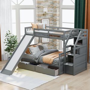 Letto a Castello Multifunzione Grigio con Cassetti Portaoggetti e Scivolo per Bambini - Product Image 1