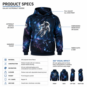 Sudadera con capucha de poliéster sublimado con estampado de astronauta de la galaxia, estrellas que brillan en la oscuridad, ropa urbana para hombre, OEM, fábrica personalizada - Product Image 5