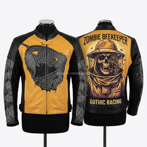 Chaqueta de Cuero Vintage Azul y Blanca con Gráfico de Animadora Zombi y Estampado de Pompones, Chaqueta de Motero, Fabricante Personalizado, Ropa Urbana - Product Image 4