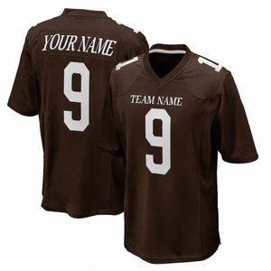เสื้อเจอร์ซีย์อเมริกันฟุตบอลสีน้ำตาลเข้มพิมพ์ลายตามสั่ง พร้อมชื่อผู้เล่น ผ้าโพลีเอสเตอร์ระบายอากาศดี แขนสั้น คอวี สำหรับเสื้อผ้าผู้ชาย - Product Image 1