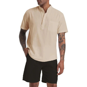 Men's Black Cotton Short Sleeve Henley Shirt & Shorts <b>Set</b> Casual Summer Breathable <b>Knitted</b> 2-Piece Outfit - Product Image 4