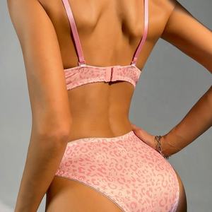 Conjunto de sujetador push-up y bragas con estampado de leopardo rosa, detalle de lazo, lencería de 2 piezas para mujer - Product Image 2