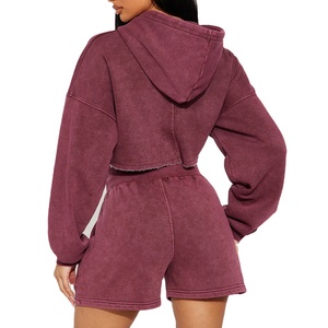 Conjunto de Sudadera con Capucha y Pantalones Cortos de Felpa con Cierre, Lavado Ácido, Estilo Casual, Talla Grande para Mujer, Calidad Premium 2026, Venta Caliente, OEM Personalizado - Product Image 5