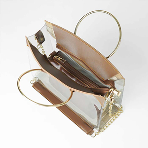 Women's Transparent PVC Tote <b>Bag</b> With Brown Leather Insert Round Handle Chain Strap Modern Style Daily Use - Product Image 4