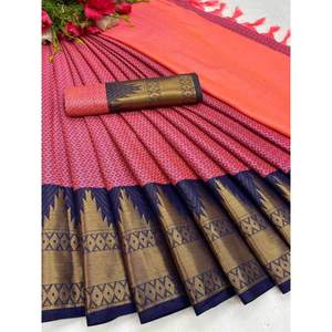OCCASION SPÉCIALE COTON DOUX SOIE OR TISSANT TRAVAIL SAREE ROSE - Product Image 1