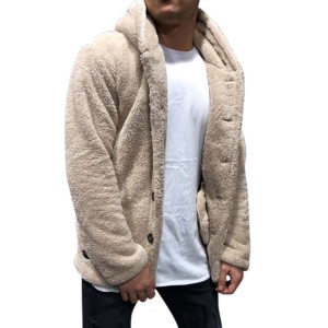 Sudadera con Capucha de Forro Polar Beige para Hombre, Corte Regular, Chaqueta Casual de Invierno, Material Suave de Felpa, 100% Algodón, 300g, Bolsillo con Botón Negro - Product Image 3