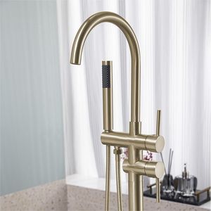 Miscelatore per vasca da bagno a pavimento in oro spazzolato ad alta portata con doccetta, rubinetteria moderna per vasca e doccia - Product Image 3
