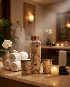 Elegant White Floral Design Copper Water Bottle Perfect for Wedding and Festive Gift <b>Hampers</b> Purpose Wholesale From India - Product Image 5