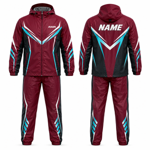 <b>RAIN</b> Men's Hooded Waterproof Sporty PU Embroidered Track Suit Maroon <b>Black</b> Blue Color Blocking Zipper Closure Summer Wear - Product Image 1