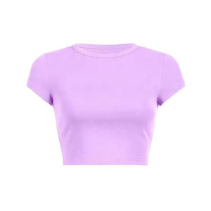 Crop top tricoté à manches courtes et col rond pour femme, couleur unie, coupe ajustée, décontracté, toutes saisons, marron - Product Image 3