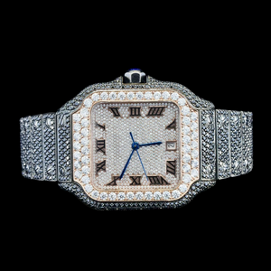 Atractivo Reloj Antiguo con Caja de Acero Inoxidable, Bisel Cuadrado con Esfera de Números Romanos y Diamantes de Moissanita en Dos Tonos - Product Image 1