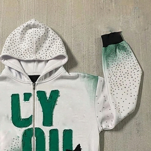 Sweat à capuche unisexe de haute qualité, épais, vintage, avec broderie et patchs, fermeture éclair et strass, pour l'hiver - Product Image 4