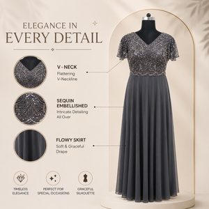 Women Charcoal Grey <b>Sequin</b> Evening Gown V Neck Embellished Bodice Flowy Maxi Dress Short Sleeve Formal Wedding Guest Party - Product Image 5