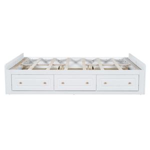 Letto a piattaforma matrimoniale in faggio massiccio stile giapponese con 6 cassetti, intagliato a mano e confortevole, colore bianco - Product Image 6