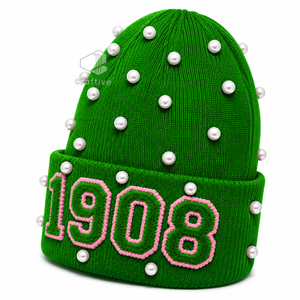 Alfa |   Kapa |   Gorro de Punto con Adornos de Perlas Verdes para Mujer, de la Hermandad Alpha, con Letras Griegas Bordadas en Chenilla, Gorro Casual de Invierno - Product Image 2