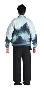 Blouson Bomber Homme Bleu Teal à Motif Montagne, Fermeture Éclair Intégrale, Bordures Côtelées, Imprimé Personnalisé, Style Streetwear, Blouson Universitaire, Fabricant OEM - Product Image 6