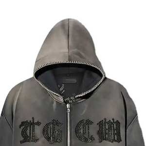 Sweat-shirt à capuche pour homme avec design de dragon en strass, coupe ample, fermeture éclair, streetwear, vêtements d'automne - Product Image 2