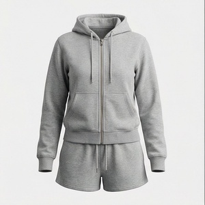 Conjunto de Sudadera con Capucha y Pantalones Cortos de 2 Piezas para Mujer, Color Gris Sólido, Felpa, Ropa Casual, Largo por Encima de la Rodilla, Corte Regular - Product Image 1