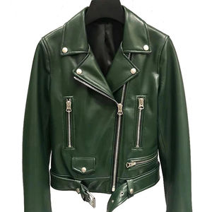 Veste de moto en cuir de vache véritable pour femme, coupe-vent, manches longues, fermeture éclair, col rabattable, style automne, couleur unie - Product Image 6