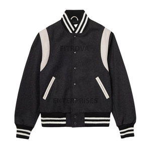 Men's Varsity Jacket Black Wool Polyester Preppy Style <b>Button</b> Front Regular Fit Autumn Wear - Product Image 1