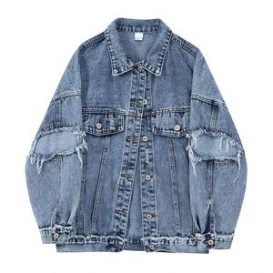 He She Wears Women's <b>Denim</b> <b>Jacket</b> Eco-Friendly Breathable Contrast Color Shoulder Patches Button Front Long Sleeve - Product Image 4