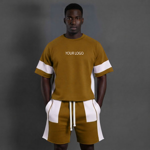 Custom Logo Printed Breathable Summer Casual Heavyweight Knitted 100% Cotton Men's Shorts Set 275g T-shirt 330g Crew Neck <b>Drop</b> - Product Image 1