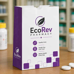 Bolsa de papel de lujo reciclable EcoRev para farmacia, papel de arte blanco, impresión offset, asas retorcidas, fuelle inferior ecológico, para medicamentos - Product Image 4