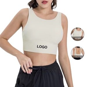 Women's Brown Seamless Backless Sports Bra Scoop Neck Racerback Medium Support Yoga Workout Bra Solid Color Logo on Hem - Product Image 4