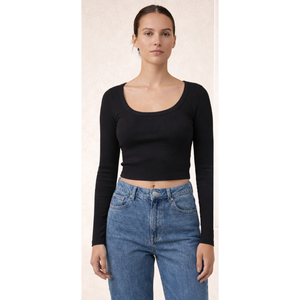 Top Corto para Mujer, Cuello Acanalado, Manga Larga, Tejido Elástico Suave, Estilo Moderno, Ropa Casual Diaria, Ropa Deportiva, India - Product Image 5